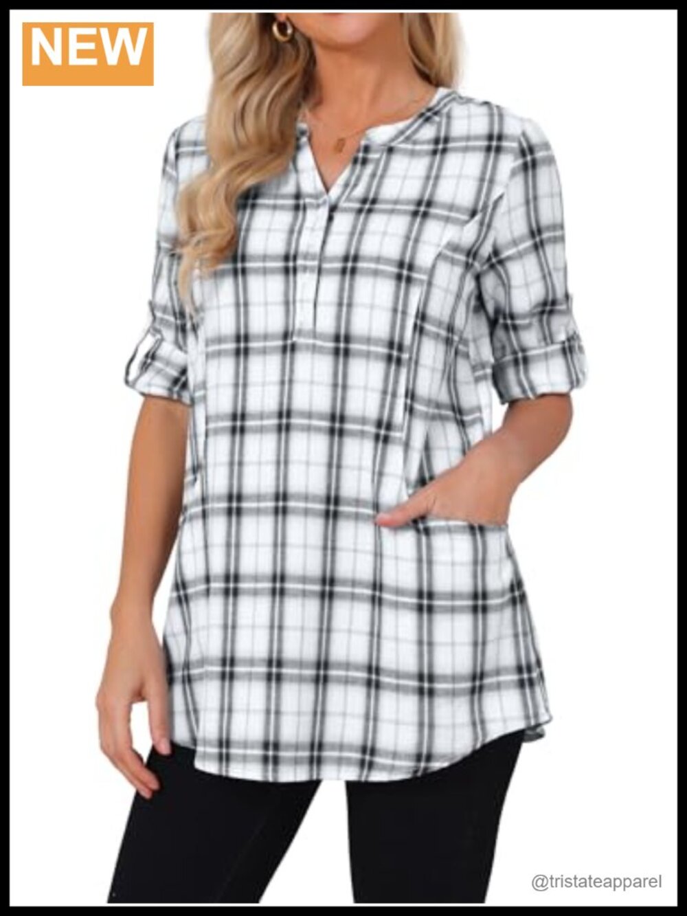 Cotton Plaid 3/4 Sleeve V-Neck Tunic Blouse with Pockets